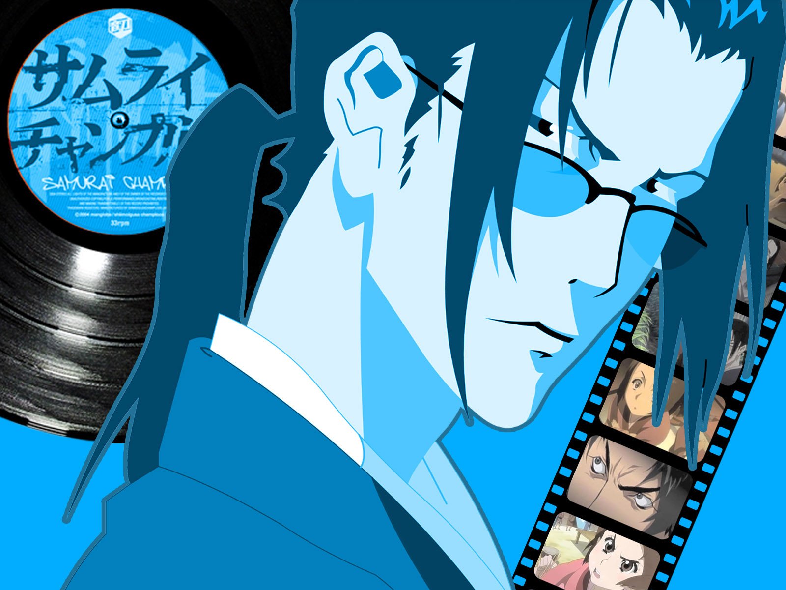 A striking HD wallpaper featuring Jin from Samurai Champloo, showcasing his iconic blue color scheme alongside elements of the anime, including film strips and vintage records.