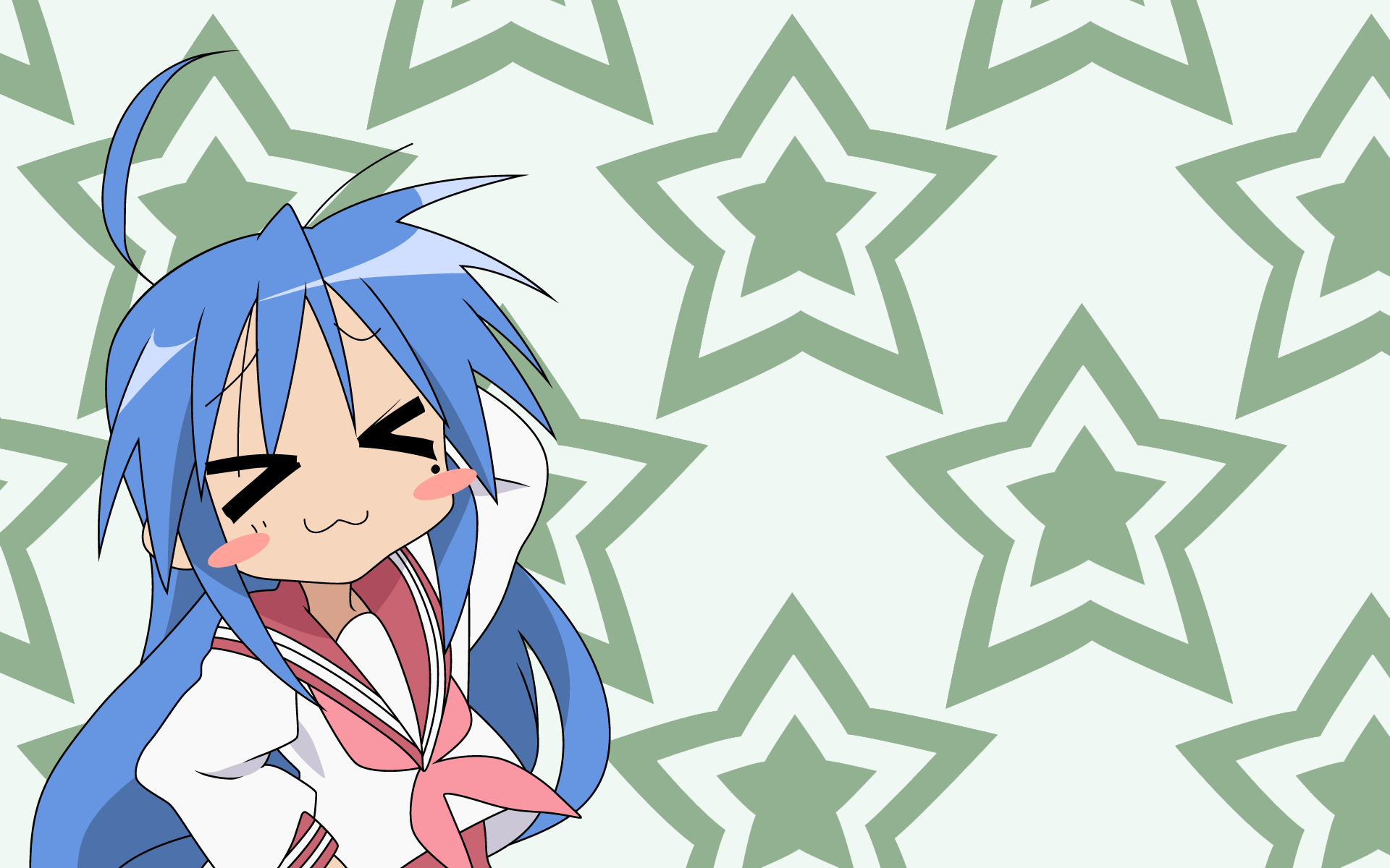 HD PC desktop wallpaper of an Anime Lucky Star girl with long blue hair in a sailor uniform, smiling with closed eyes against a repeating green star-patterned background.
