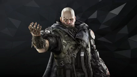 HD PC desktop wallpaper of Victor Marchenko from the video game Deus Ex: Mankind Divided — a bald, armored man reaching out against a dark geometric background.