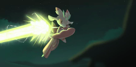 Lurantis (Pokémon Sun and Moon) slashes with a glowing blade across a night sky — 2K Quad HD PC desktop wallpaper/background, Pokémon video game art.