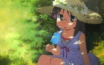 HD PC desktop wallpaper of Mai Minakami (Nichijō): an anime girl in a straw hat and sundress sits in dappled grass, eating a blue popsicle in warm sunlight.