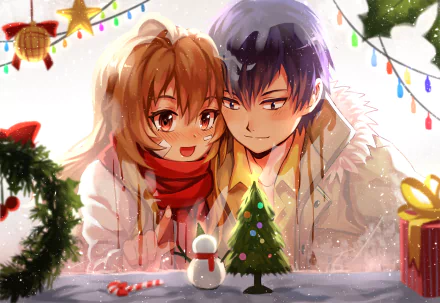 Ryuuji Takasu and Taiga Aisaka from the anime Toradora! share a warm, festive moment surrounded by holiday decorations in this HD desktop wallpaper.