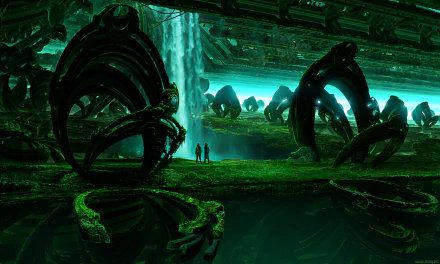 A vibrant post-apocalyptic scene featuring Zee Captain and two figures amidst alien-like structures and a cascading waterfall, set in a world from the Romantically Apocalyptic comic.