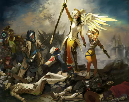 High-definition desktop wallpaper featuring characters from Overwatch, including Reinhardt, McCree, Lúcio, Soldier: 76, Reaper, D.Va, Ana, Zenyatta, Genji, Tracer, and Mercy, set in a battle scene.
