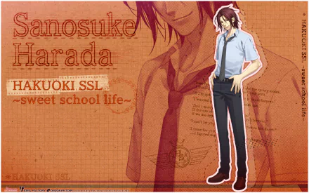 HD PC desktop wallpaper of Sanosuke Harada (Hakuouki Shinsengumi Kitan): anime full-body in a school uniform over a warm orange background with title text.