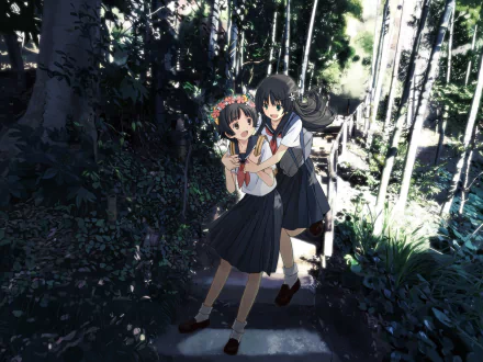 HD anime desktop wallpaper featuring Kazari Uiharu and Ruiko Saten from A Certain Scientific Railgun, set in a sunlit forest with detailed shading and natural light effects.
