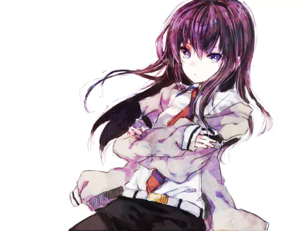 Kurisu Makise from Steins;Gate is featured in this HD anime wallpaper, showcasing her striking pose and expressive features against a clean background.