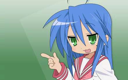 HD desktop wallpaper featuring Konata Izumi from the anime Lucky Star, showing her with blue hair, green eyes, and a playful expression against a green background.