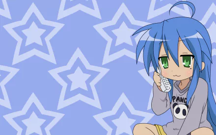HD anime desktop wallpaper featuring Konata Izumi from Lucky Star with a blue star pattern background.
