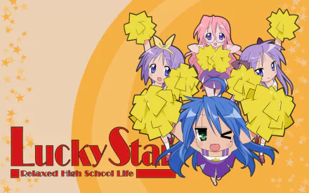 HD anime desktop wallpaper featuring Konata Izumi, Kagami Hiiragi, Miyuki Takara, and Tsukasa Hiiragi as cheerleaders from Lucky Star.