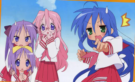 HD anime desktop wallpaper featuring Konata Izumi, Miyuki Takara, Tsukasa Hiiragi, and Kagami Hiiragi from the Lucky Star series against a bright blue sky background.