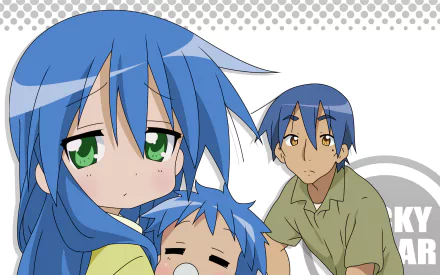 HD anime desktop wallpaper featuring Soujirou Izumi and Konata Izumi from Lucky Star with a simple gray and white background.