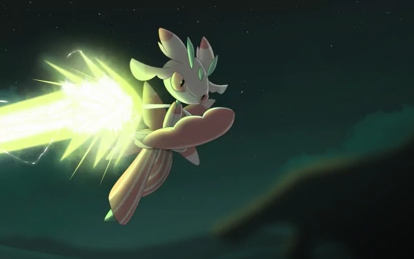 Lurantis (Pokémon Sun and Moon) slashes with a glowing blade across a night sky — 2K Quad HD PC desktop wallpaper/background, Pokémon video game art.