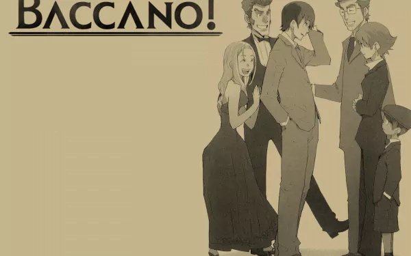 Stylized HD wallpaper featuring characters from the anime Baccano!, showcasing a diverse group in formal attire against a minimalist backdrop.
