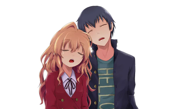 Ryuuji Takasu and Taiga Aisaka from the anime Toradora! are depicted sleeping together in this HD desktop wallpaper, showcasing a moment of warmth and connection.