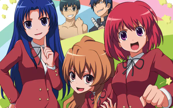 HD wallpaper featuring characters from Toradora!: Minori Kushieda, Taiga Aisaka, Ryuuji Takasu, Yusaku Kitamura, and Ami Kawashima in a vibrant, playful setting.