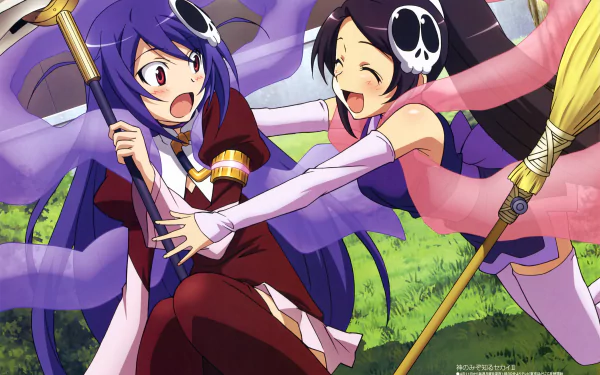 Anime-style 4K Ultra HD desktop wallpaper from The World God Only Knows, featuring two vibrant characters in dynamic poses with colorful, detailed backgrounds.