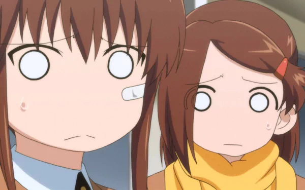 HD anime desktop wallpaper of Ako and Riko Suminoe (Kiss×Sis), close-up of the sisters with blank shocked eyes — Ako has a cheek bandage, Riko wears a yellow scarf.