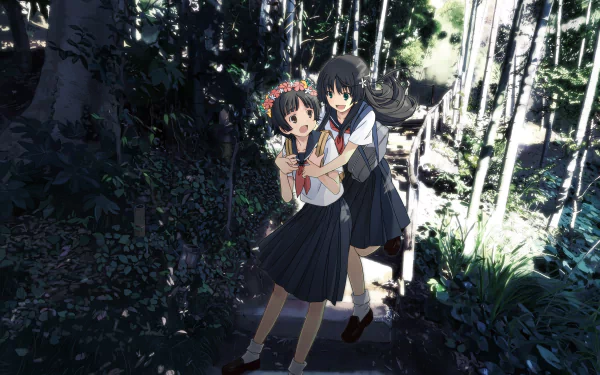 HD anime desktop wallpaper featuring Kazari Uiharu and Ruiko Saten from A Certain Scientific Railgun, set in a sunlit forest with detailed shading and natural light effects.