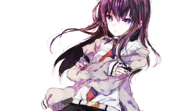 Kurisu Makise from Steins;Gate is featured in this HD anime wallpaper, showcasing her striking pose and expressive features against a clean background.