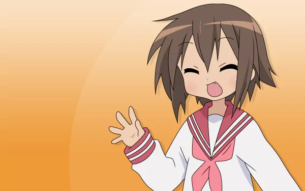 HD PC desktop wallpaper of Misao Kusakabe from Lucky Star: cheerful anime schoolgirl in a sailor uniform waving against a warm orange gradient background.