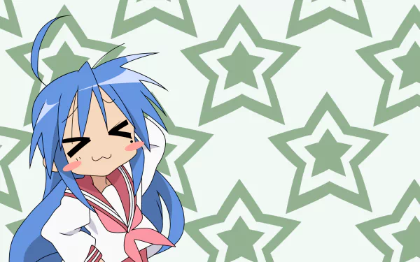 HD PC desktop wallpaper of an Anime Lucky Star girl with long blue hair in a sailor uniform, smiling with closed eyes against a repeating green star-patterned background.