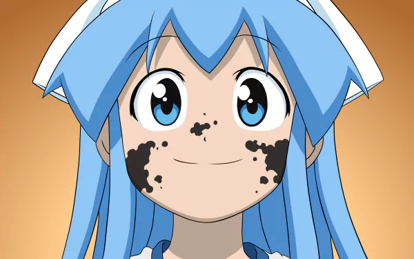 HD PC desktop wallpaper featuring Ika Musume from the anime Squid Girl with blue hair and playful black ink marks on her face.