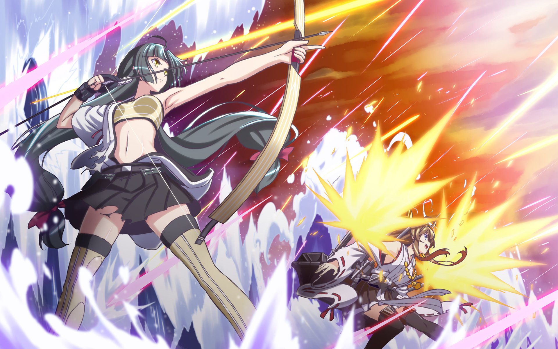 A dynamic scene from Kantai Collection featuring a woman warrior with long grey hair and yellow eyes, wielding a bow, engaged in battle alongside another character amidst explosive effects.