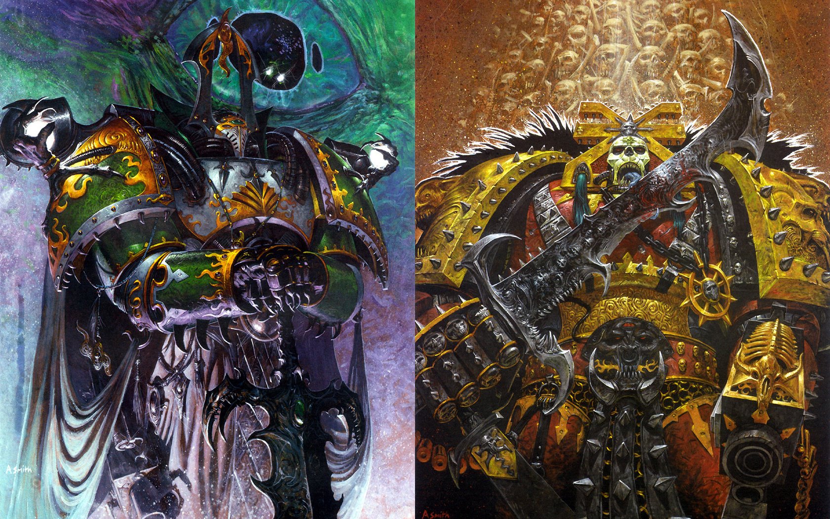 HD PC desktop wallpaper featuring detailed Warhammer characters from the video game, showcasing intricate armor and weapons in vibrant, dramatic settings.