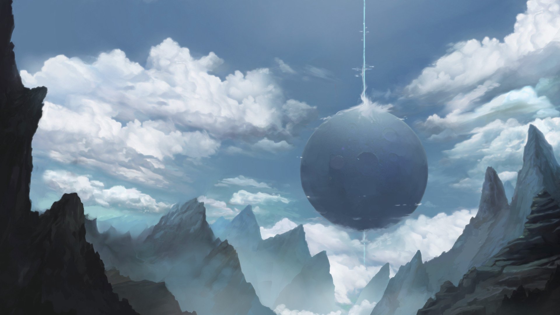HD sci-fi desktop wallpaper featuring a large suspended sphere above jagged mountains under a dramatic cloudy sky.