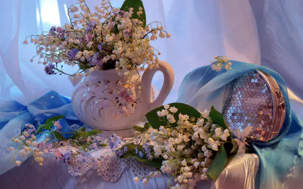 purse vase curtain lily of the valley photography still life HD Desktop Wallpaper | Background Image