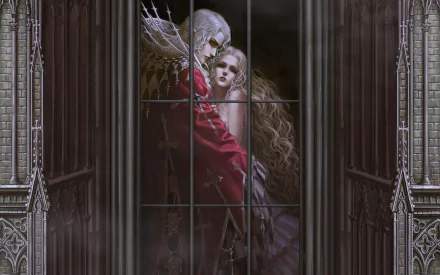 A dark, gothic scene featuring a romantic couple embraced behind a window, showcasing fantasy elements in rich detail. This HD wallpaper captures a haunting yet alluring atmosphere.