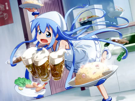 HD desktop wallpaper featuring Ika Musume, the energetic anime Squid Girl, balancing food and drinks with her squid-like tentacles in a vibrant, dynamic scene.