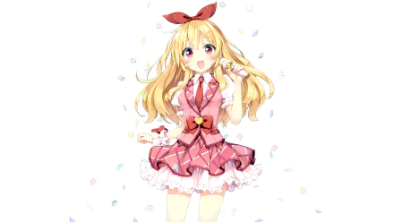 Ichigo Hoshimiya, a blonde anime character from Aikatsu!, smiles joyfully while holding a microphone, surrounded by colorful confetti in this vibrant 4K Ultra HD wallpaper.
