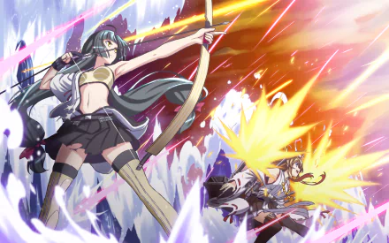 A dynamic scene from Kantai Collection featuring a woman warrior with long grey hair and yellow eyes, wielding a bow, engaged in battle alongside another character amidst explosive effects.