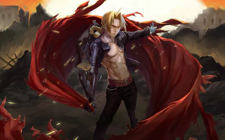 An HD wallpaper featuring Edward Elric from Fullmetal Alchemist: Brotherhood, showcasing his dramatic pose with flowing red fabric against a backdrop of destruction.