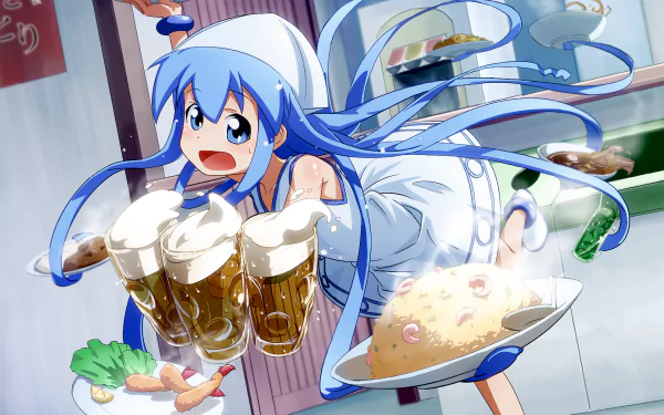 HD desktop wallpaper featuring Ika Musume, the energetic anime Squid Girl, balancing food and drinks with her squid-like tentacles in a vibrant, dynamic scene.