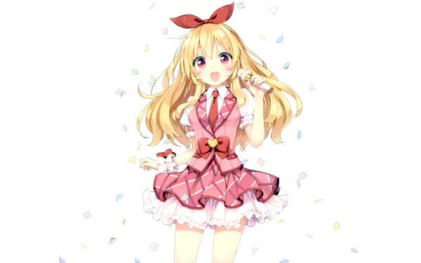 Ichigo Hoshimiya, a blonde anime character from Aikatsu!, smiles joyfully while holding a microphone, surrounded by colorful confetti in this vibrant 4K Ultra HD wallpaper.