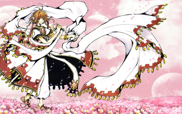 HD PC desktop wallpaper featuring an anime character from Tsubasa: Reservoir Chronicle in flowing white and red attire standing amidst pink cherry blossoms.