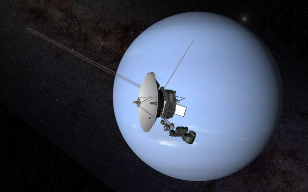 A stunning HD wallpaper of Voyager 2 approaching Neptune, showcasing the satellite against the backdrop of space, blending Sci-Fi elements with cosmic exploration.