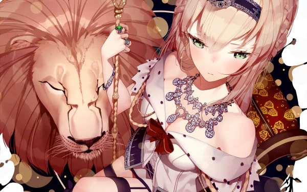 HD anime desktop wallpaper featuring Warspite from Kantai Collection, alongside a detailed lion, showcasing vibrant colors and intricate character design.
