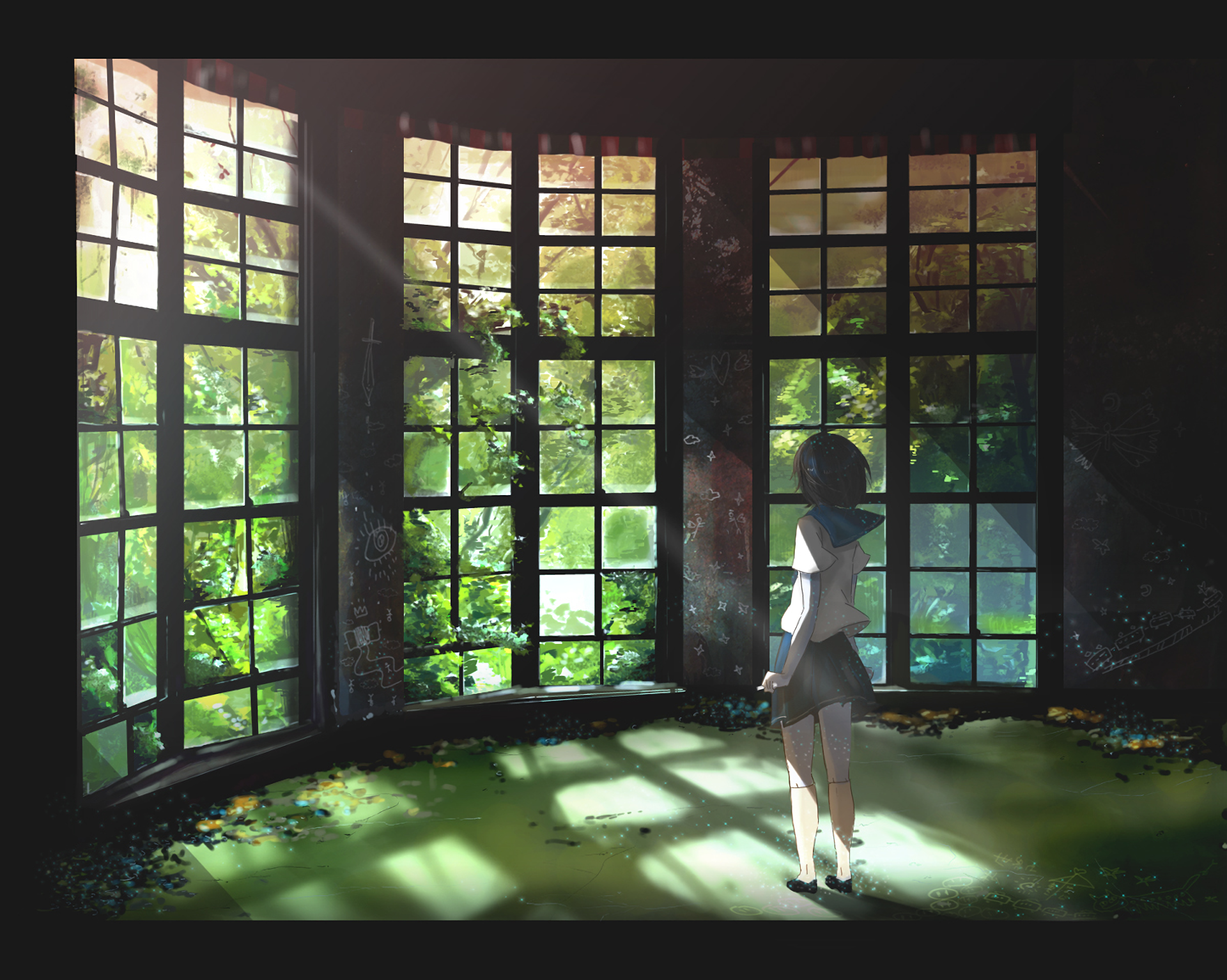 An anime girl in a school uniform stands amidst the ruins of a forested space, light streaming through large, overgrown windows, creating a serene and mystical atmosphere.