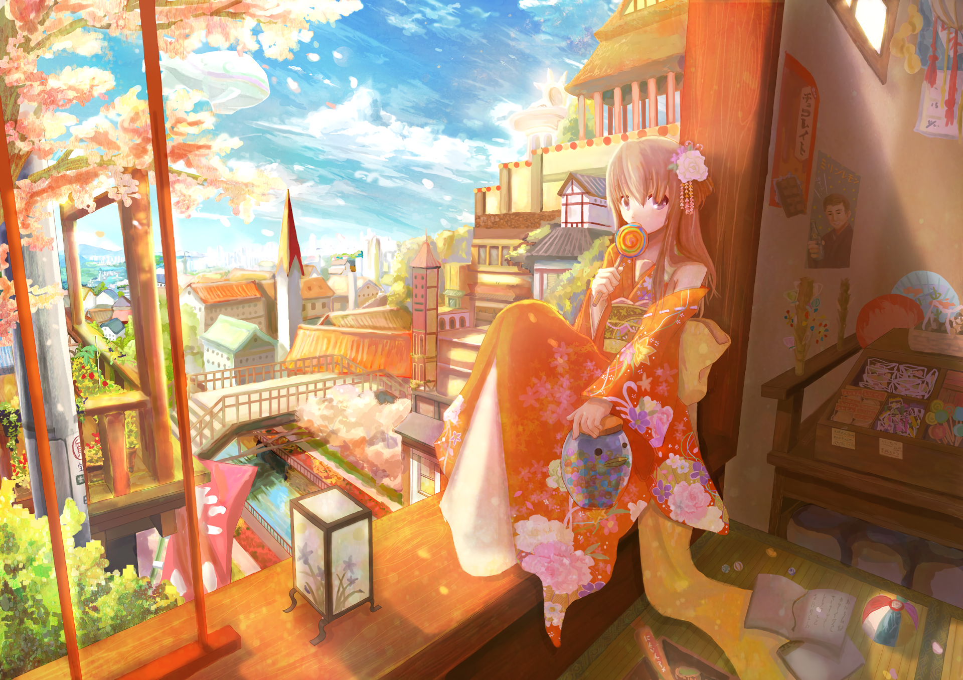 A serene anime scene featuring a girl in a colorful kimono, overlooking a vibrant cityscape with cherry blossoms under a bright sky. This HD image serves as a stunning desktop wallpaper.