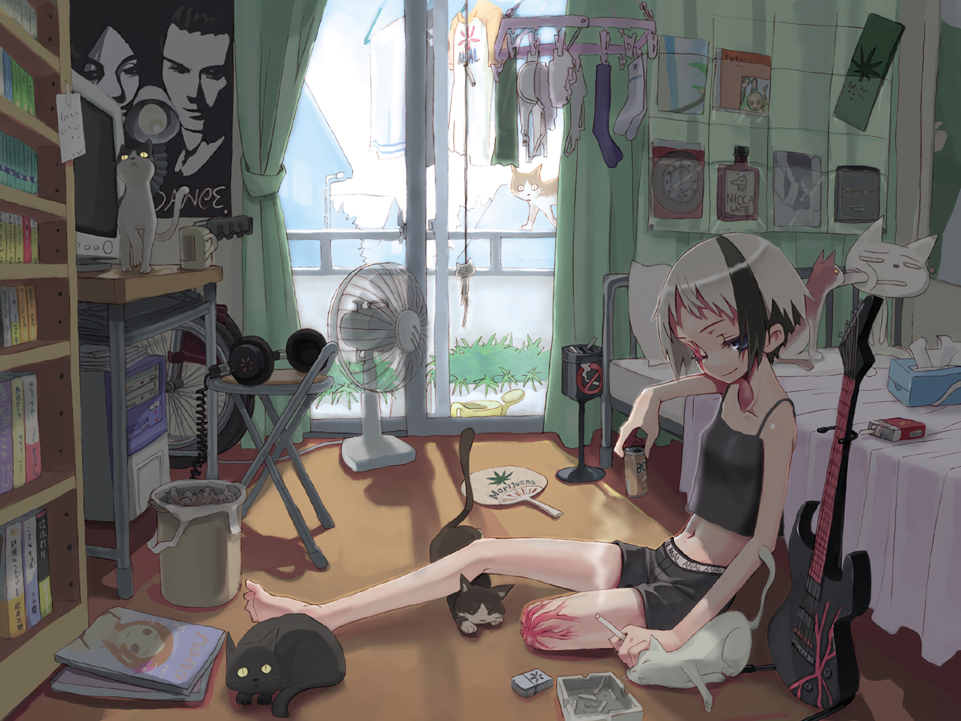 HD anime-style original PC desktop wallpaper depicting a girl with short hair and striped bandages, sitting in a cluttered, sunlit room with musical instruments and a fan.