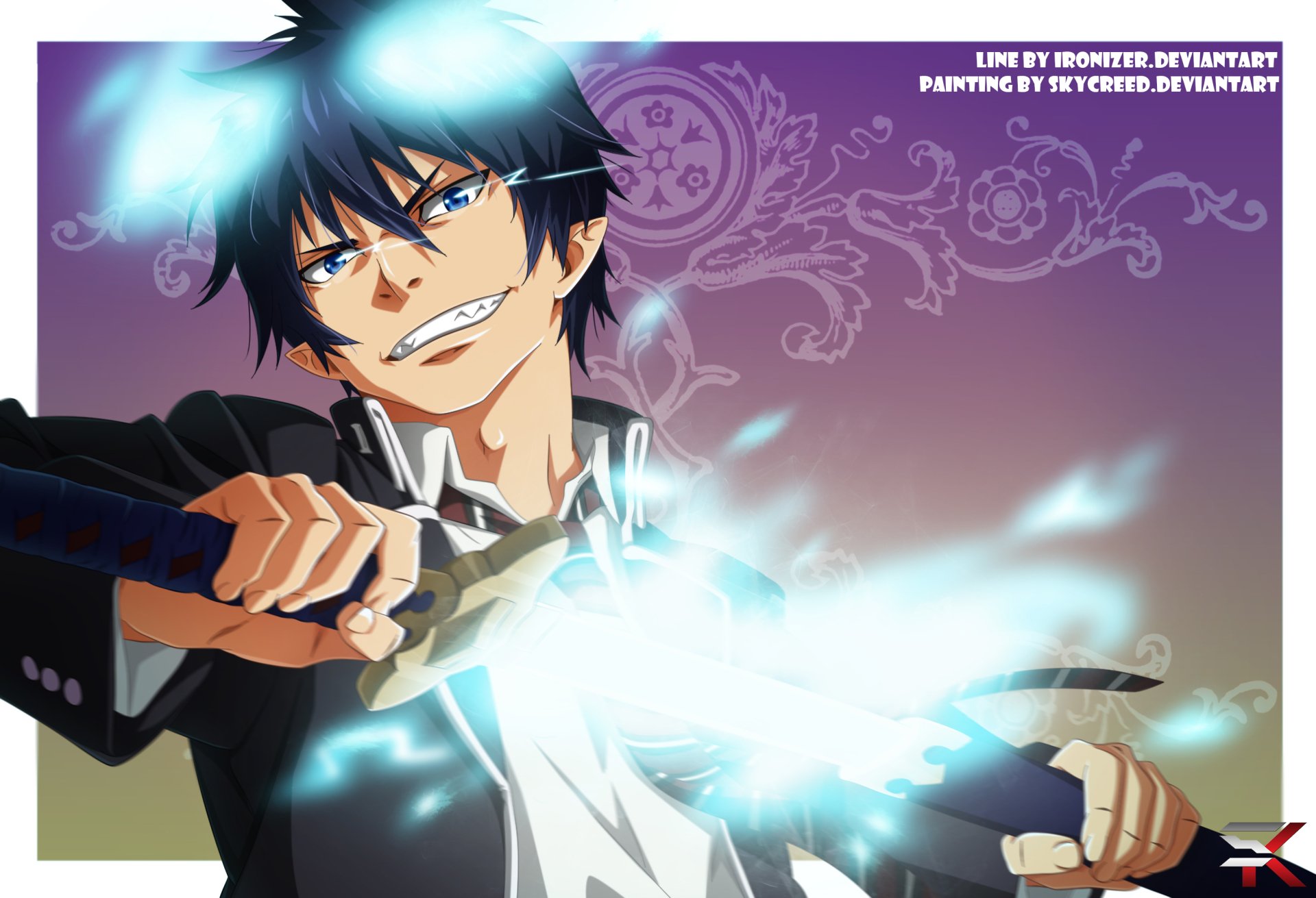HD PC desktop wallpaper featuring Rin Okumura from the anime Blue Exorcist, wielding his flaming sword with a determined expression and mystical blue flames.