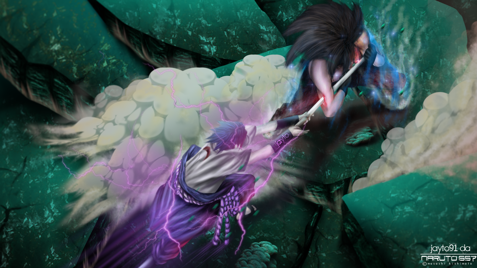 A dynamic HD wallpaper featuring Madara Uchiha and Sasuke Uchiha in an intense battle, showcasing rich colors and detailed anime art inspired by Naruto.