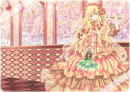 HD anime-style original desktop wallpaper featuring two characters in elaborate dresses against a detailed, patterned background with soft pastel tones.