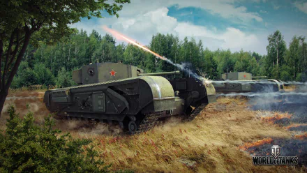 HD PC desktop wallpaper featuring a Churchill tank firing in a forested battlefield, from the video game World of Tanks.