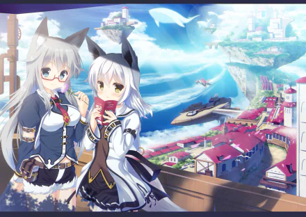 Anime-inspired HD PC desktop wallpaper featuring two characters with cat ears, set against a vibrant, fantastical landscape with floating islands and futuristic elements.