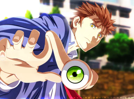 A dynamic HD wallpaper featuring an anime character from Parasyte -the maxim-, extending a hand with an expressive eye, set against a blurred urban background.